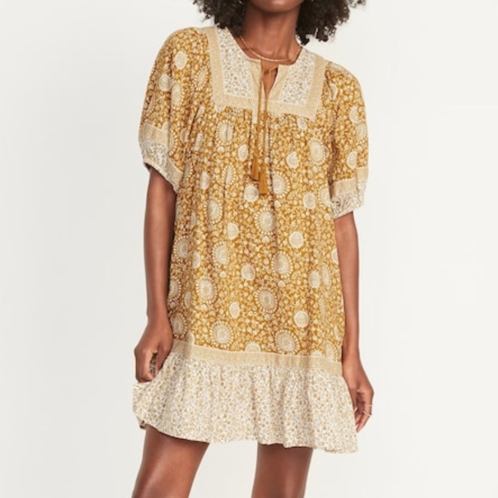 Puff-Sleeve Printed Mini Swing Dress for Women